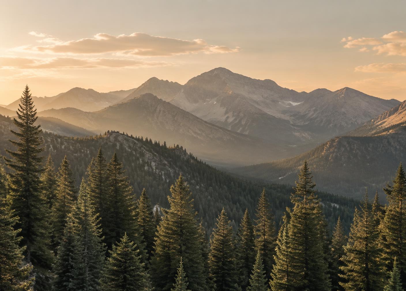 Northern Colorado mountains and pine forest at golden hour